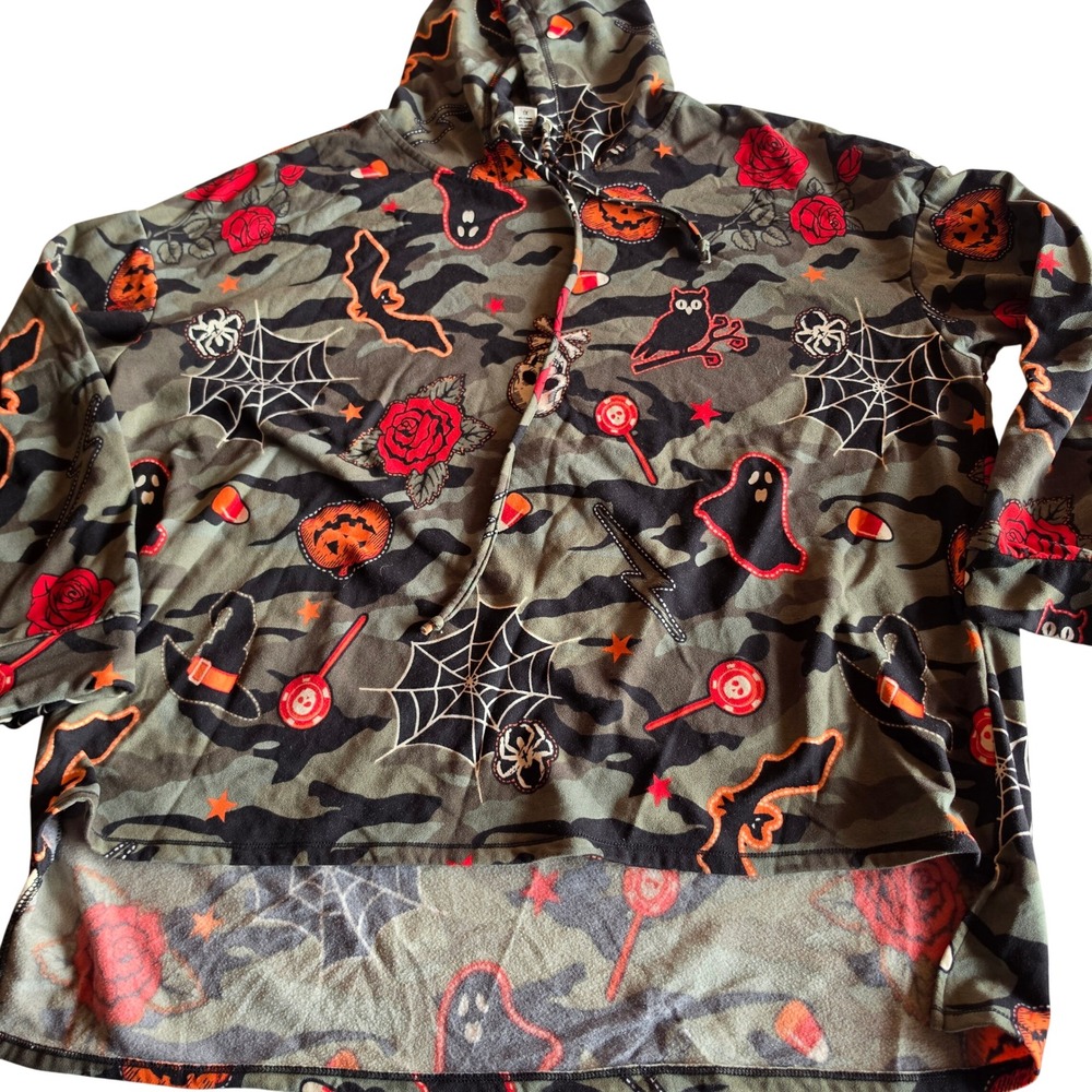Eye Candy Womens Halloween Camo Hoodie High Low Spooky Print Green Plus 1X